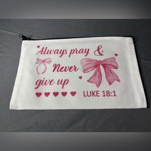 New White Canvas Zipper Pouch with Pink Script & Bow